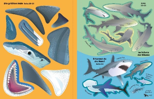 Buchcover und Innenansicht für das Buch: Die große Sticker-Tierwelt: Haie