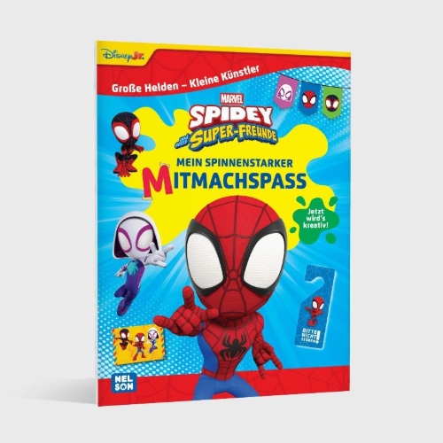 Buchcover und Innenansicht für das Buch: Große Helden - Kleine Künstler: Spidey und seine Super-Freunde: Mein spinnenstarker Mitmachspaß