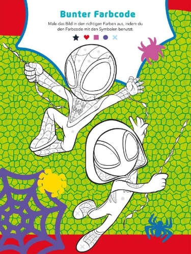 Buchcover und Innenansicht für das Buch: Große Helden - Kleine Künstler: Spidey und seine Super-Freunde: Mein spinnenstarker Mitmachspaß