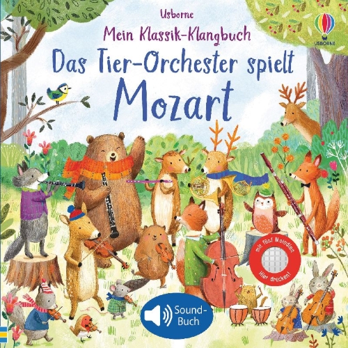 Buchcover und Innenansicht für das Buch: Mein Klassik-Klangbuch: Das Tier-Orchester spielt Mozart
