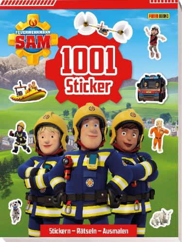 Buchcover und Innenansicht für das Buch: Feuerwehrmann Sam: 1001 Sticker: Stickern - Rätseln - Ausmalen