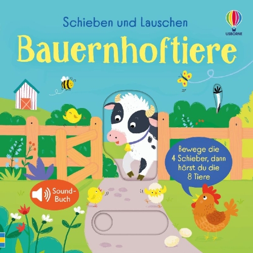 Buchcover und Innenansicht für das Buch: Schieben und Lauschen: Bauernhoftiere