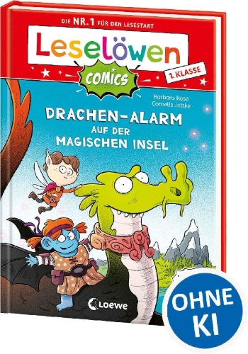 Buchcover und Innenansicht für das Buch: Leselöwen Comics 1. Klasse - Drachen-Alarm auf der magischen Insel
