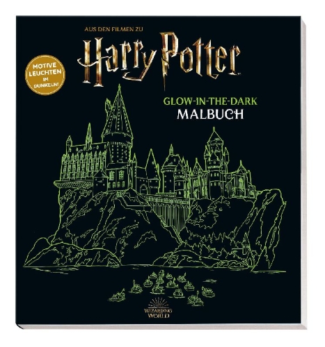 Buchcover und Innenansicht für das Buch: Aus den Filmen zu Harry Potter: Glow-in-the-Dark Malbuch