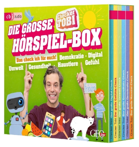 Buchcover und Innenansicht für das Buch: Die große Checker-Tobi-Hörspiel-Box