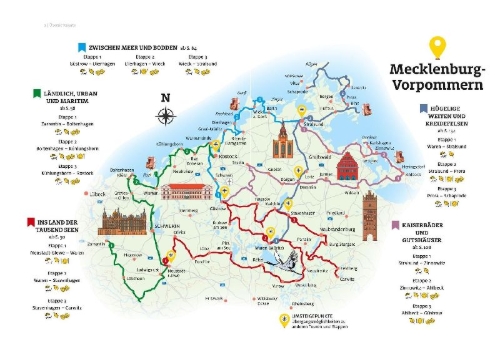 Buchcover und Innenansicht für das Buch: ADAC Roadtrips Mecklenburg-Vorpommern mit Ostseeküste