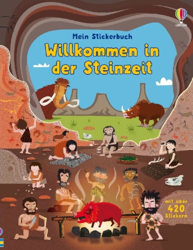 Buchcover und Innenansicht für das Buch: Mein Stickerbuch: Willkommen in der Steinzeit