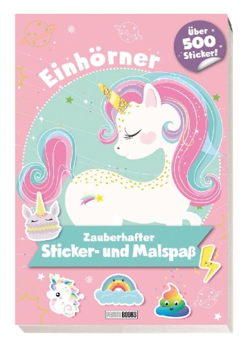 Buchcover und Innenansicht für das Buch: Einhörner: Zauberhafter Sticker- und Malspaß