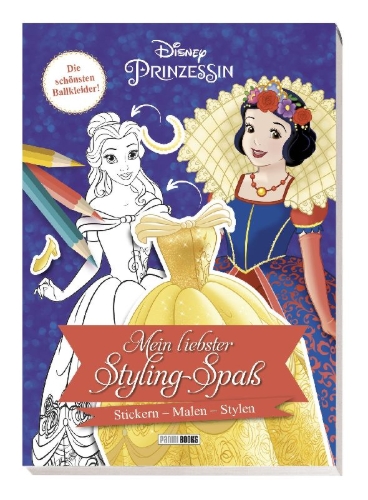 Buchcover und Innenansicht für das Buch: Disney Prinzessin: Mein liebster Styling-Spaß: Stickern, Malen, Stylen