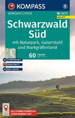 Buchcover und Innenansicht für das Buch: KOMPASS Wanderführer Schwarzwald Süd mit Naturpark, Kaiserstuhl und Markgräflerland, 60 Touren mit Extra-Tourenkarte