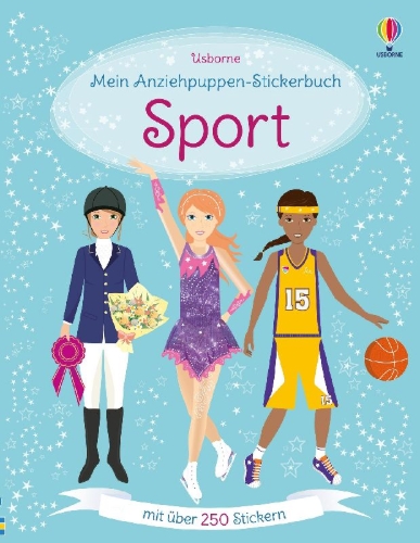 Buchcover und Innenansicht für das Buch: Mein Anziehpuppen-Stickerbuch: Sport