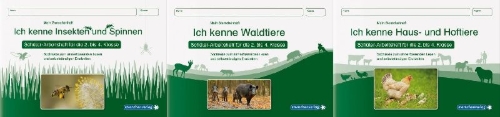 Buchcover und Innenansicht für das Buch: Ich kenne Waldtiere / Haus- und Hoftiere / Insekten und Spinnen. 3 Schülerarbeitshefte im Kombi für die 2. bis 4. Klasse