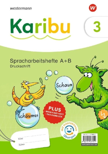 Buchcover und Innenansicht für das Buch: Karibu. Spracharbeitshefte 3 Druckschrift mit Diagnoseheft und interaktiven Übungen