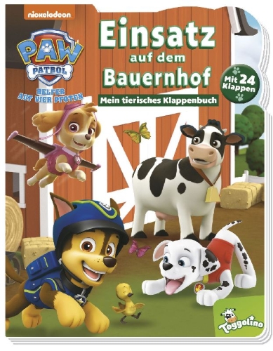 Buchcover und Innenansicht für das Buch: PAW Patrol: Einsatz auf dem Bauernhof - Mein tierisches Klappenbuch