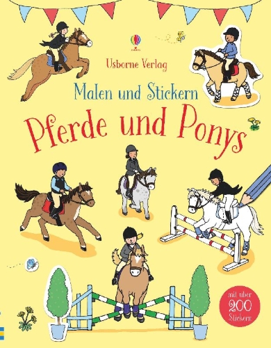 Buchcover und Innenansicht für das Buch: Malen und Stickern: Pferde und Ponys