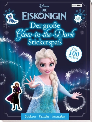 Buchcover und Innenansicht für das Buch: Disney Die Eiskönigin: Der große Glow-in-the-Dark-Stickerspaß: Stickern - Rätseln - Ausmalen