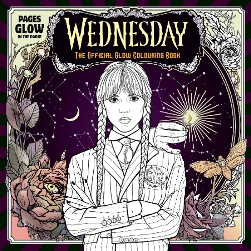 Buchcover und Innenansicht für das Buch: Wednesday: Official Glow Colouring Book