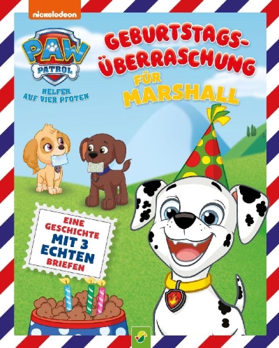 Buchcover und Innenansicht für das Buch: PAW Patrol Briefe-Geschichtenbuch: Geburtstagsüberraschung für Marshall