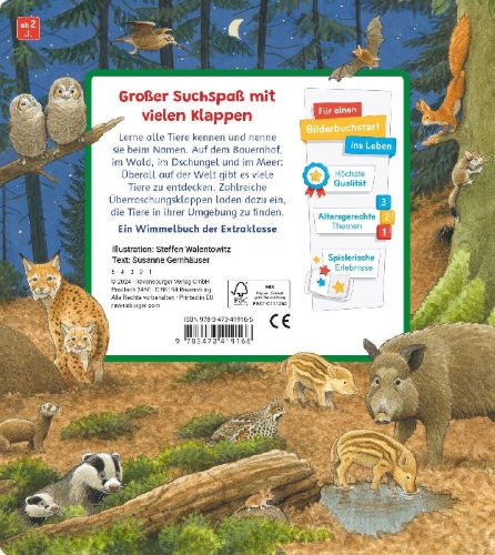 Buchcover und Innenansicht für das Buch: Mein Sachen suchen Wimmelbuch: Tiere und ihre Kinder