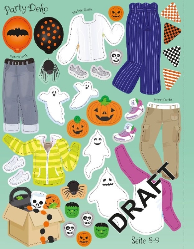 Buchcover und Innenansicht für das Buch: Mein Anziehpuppen-Stickerbuch: Halloween