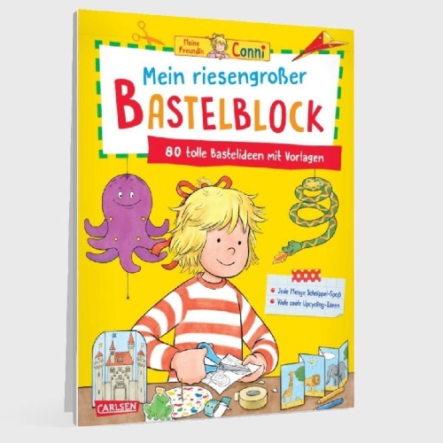 Buchcover und Innenansicht für das Buch: Conni Gelbe Reihe (Beschäftigungsbuch): Mein riesengroßer Bastelblock