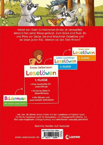 Buchcover und Innenansicht für das Buch: Leselöwen 1. Klasse - Drei Waschbären für alle Fälle
