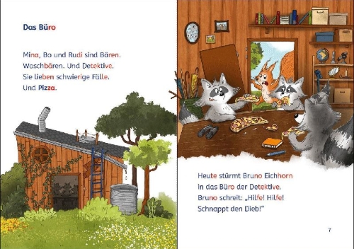 Buchcover und Innenansicht für das Buch: Leselöwen 1. Klasse - Drei Waschbären für alle Fälle