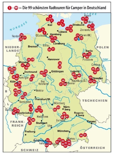 Buchcover und Innenansicht für das Buch: Die 99 schönsten Radtouren für Camper in Deutschland