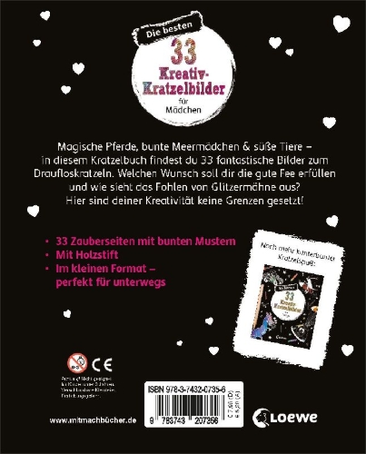 Buchcover und Innenansicht für das Buch: Die besten 33 Kreativ-Kratzelbilder für Mädchen
