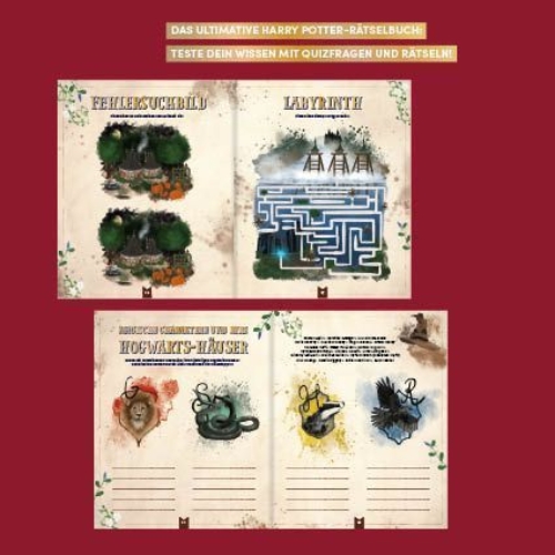Buchcover und Innenansicht für das Buch: Das inoffizielle Rätselbuch für Potter-Fans. Über 100 Quizfragen, Bilderrätsel, Labyrinthe und mehr zu den bekannten Büchern und Filmen