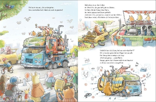 Buchcover und Innenansicht für das Buch: Die unglaubliche Geschichte vom verrücktesten, riesigsten Mitmachmobil der Welt