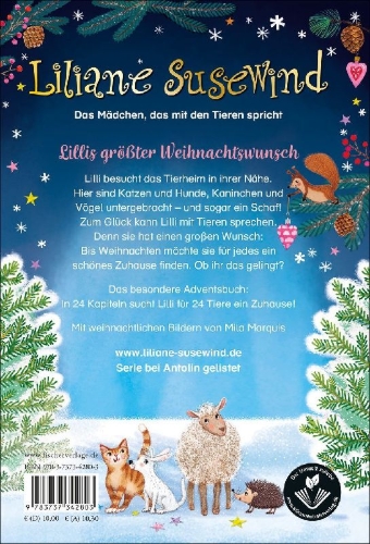 Buchcover und Innenansicht für das Buch: Liliane Susewind - 24 Tiere suchen ein Zuhause. Das Adventskalenderbuch