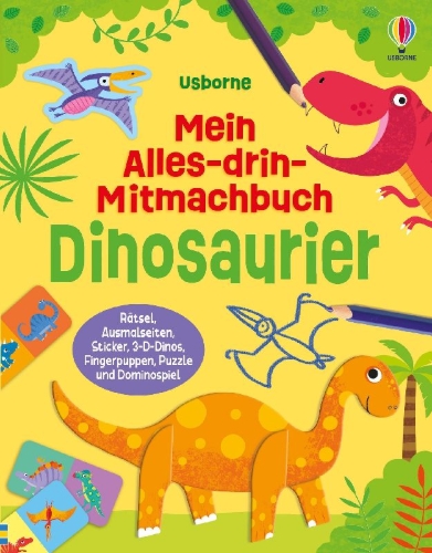 Buchcover und Innenansicht für das Buch: Mein Alles-drin-Mitmachbuch: Dinosaurier