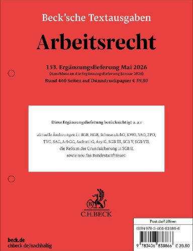 Buchcover und Innenansicht für das Buch: Arbeitsrecht 153. Ergänzungslieferung