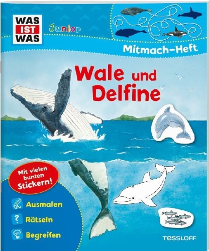 Buchcover und Innenansicht für das Buch: WAS IST WAS Junior Mitmach-Heft. Wale und Delfine.