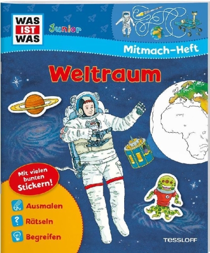 Buchcover und Innenansicht für das Buch: WAS IST WAS Junior Mitmach-Heft Weltraum