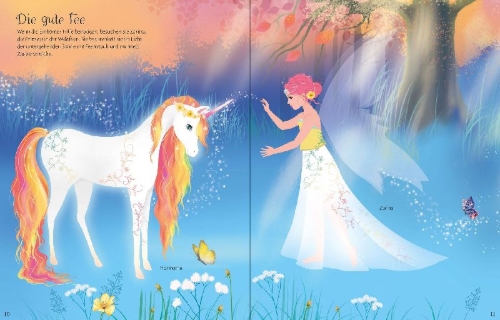 Buchcover und Innenansicht für das Buch: Mein großes Anziehpuppen-Stickerbuch: Regenbogen-Einhörner und Königreich der Feen