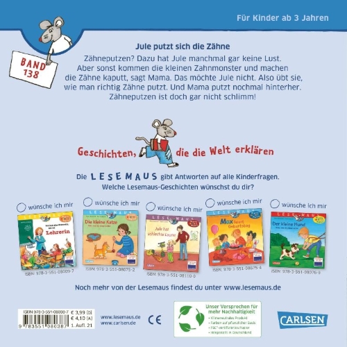 Buchcover und Innenansicht für das Buch: LESEMAUS 138: Jule putzt sich die Zähne - und Mama hilft mit