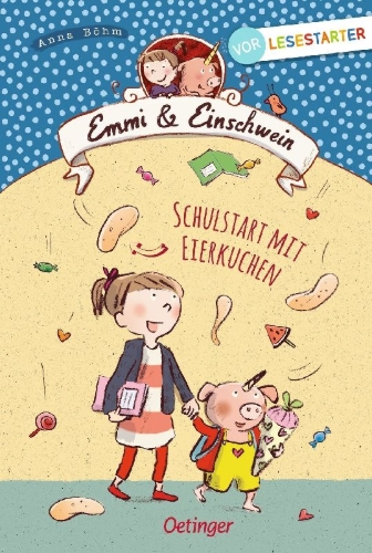 Buchcover und Innenansicht für das Buch: Emmi & Einschwein. Schulstart mit Eierkuchen