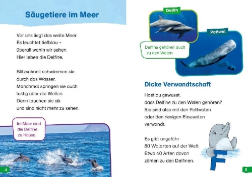 Buchcover und Innenansicht für das Buch: WAS IST WAS Erstes Lesen easy! Band 5. Wie leben die Delfine?