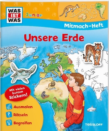 Buchcover und Innenansicht für das Buch: WAS IST WAS Junior Mitmach-Heft Unsere Erde