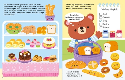 Buchcover und Innenansicht für das Buch: Cosy-Stickerwelt: Ein Tag in der Bäckerei