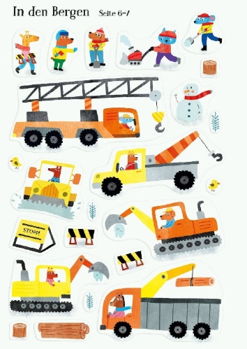 Buchcover und Innenansicht für das Buch: Meine Baustellen-Stickerwelt: Bagger, Kräne, Traktoren, Laster
