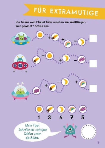 Buchcover und Innenansicht für das Buch: Rechenrätsel für mutige Kinder - Abenteuer Weltraum
