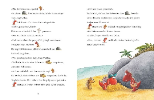 Buchcover und Innenansicht für das Buch: Der kleine Drache Kokosnuss und der Schatz im Dschungel