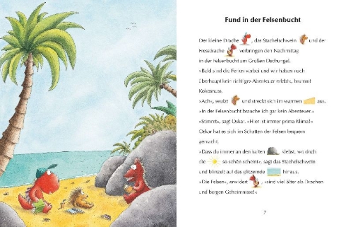 Buchcover und Innenansicht für das Buch: Der kleine Drache Kokosnuss und der Schatz im Dschungel