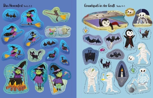 Buchcover und Innenansicht für das Buch: Mein erstes Stickerbuch: Hexen, Vampire, Monster