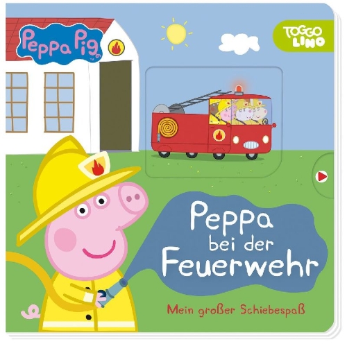 Buchcover und Innenansicht für das Buch: Peppa Pig: Peppa bei der Feuerwehr: Mein großer Schiebespaß
