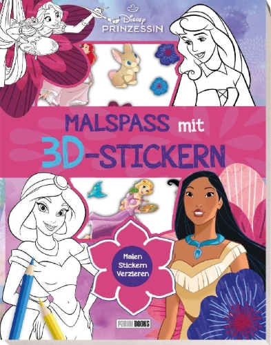 Buchcover und Innenansicht für das Buch: Disney Prinzessin: Malspaß mit 3D-Stickern