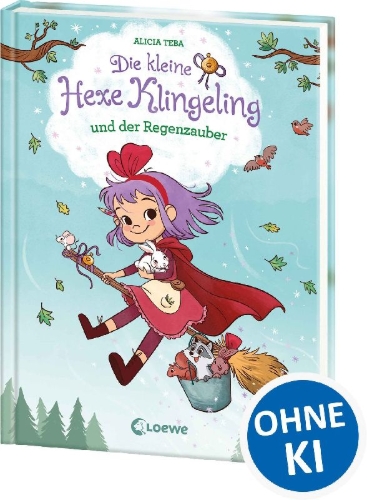 Buchcover und Innenansicht für das Buch: Die kleine Hexe Klingeling und der Regenzauber